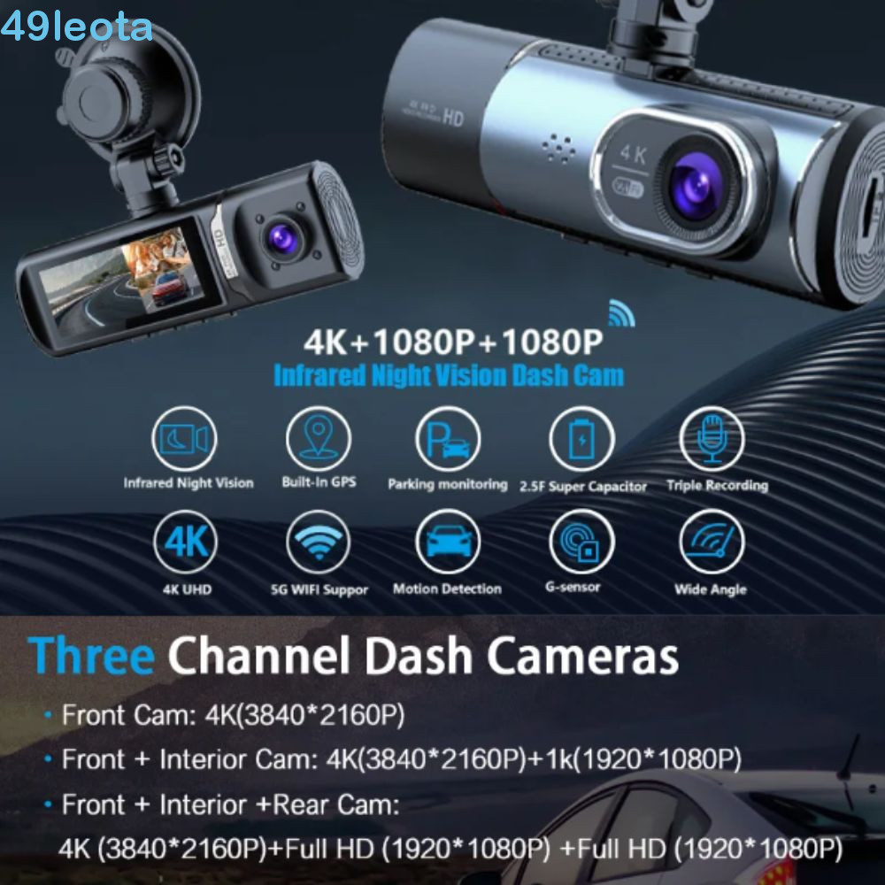 LEOTA Dash Cam , Gravação De Carro De Vídeo 4K Ultra HD Loop , Gravador De Visão Noturna Starlight De Três Vias