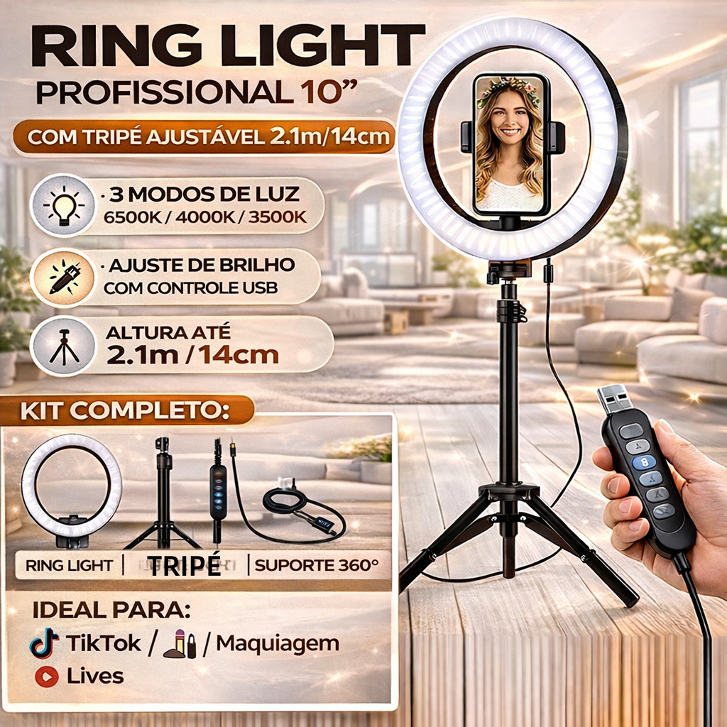 Ring Light 10 Polegadas Led 26CM Com Tripé 2.1M/14cm Iluminador Profissional USB 3 Cores Luz para Vídeo TikTok Maquiagem