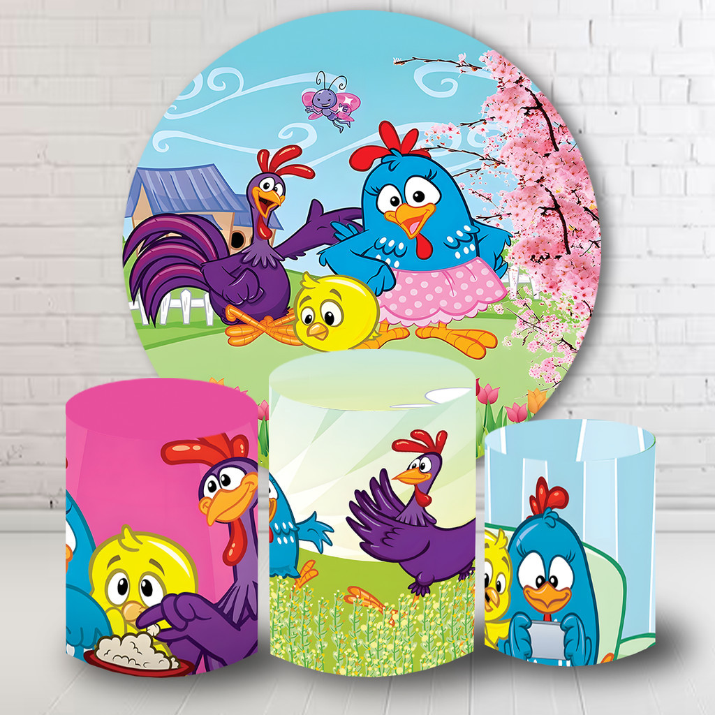 Painel Festivo Redondo e Trio Capas de Cilindros Tema Galinha Pintadinha Kit Festa Veste Facil | Entrega Imediata