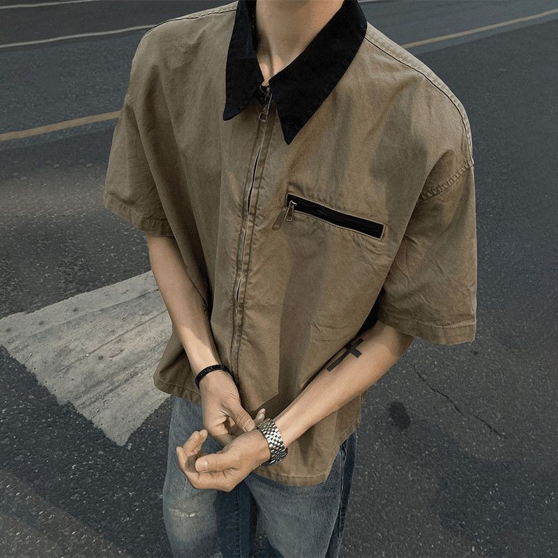 Bonito Retro camisa de manga curta masculina 2025 lapela Puffer bonito solto ferramentas camisa Casual roupas masculinas