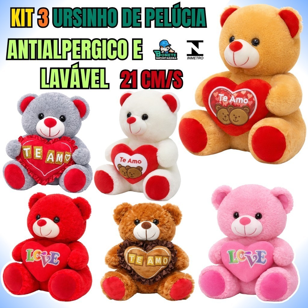 Kit 3 Ursos de Pelúcia Decorativos 21cm – Laváveis com Zíper em Oferta na Shopee