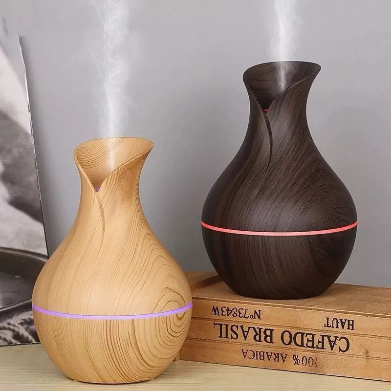 Umidificador Design de Vaso Aromatizador Silencioso textura de Madeira Recarregável com LED