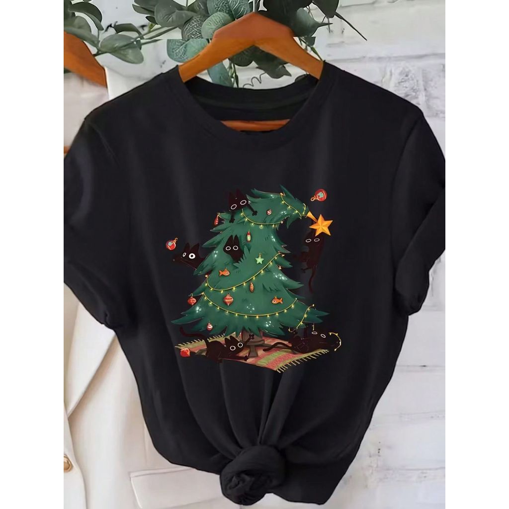 Camiseta Algodão Feminina Básica Premium  Natal com Gatos Presente Casual Moda Primavera Confortável