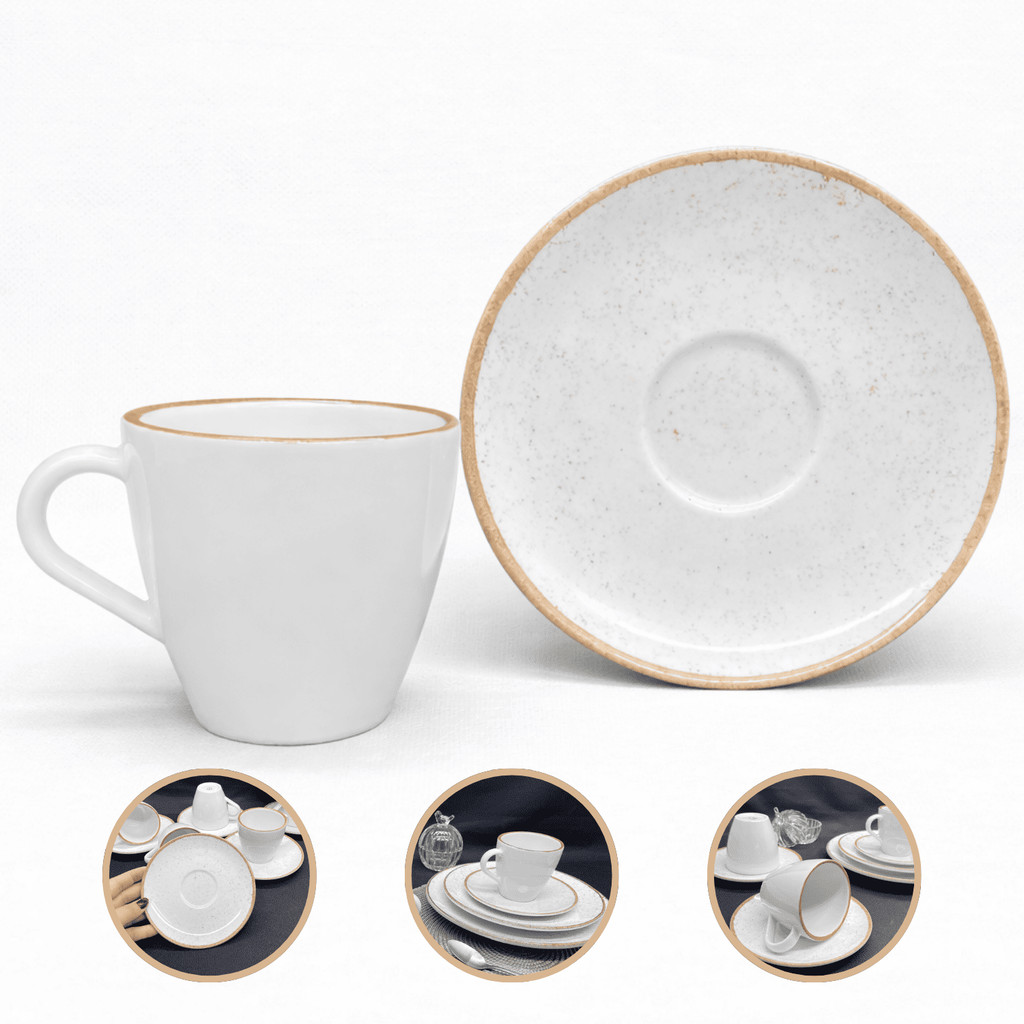 Xicara De Chá Café Com Pires 200ml Rústico Borda Marrom Porcelana Tramontina