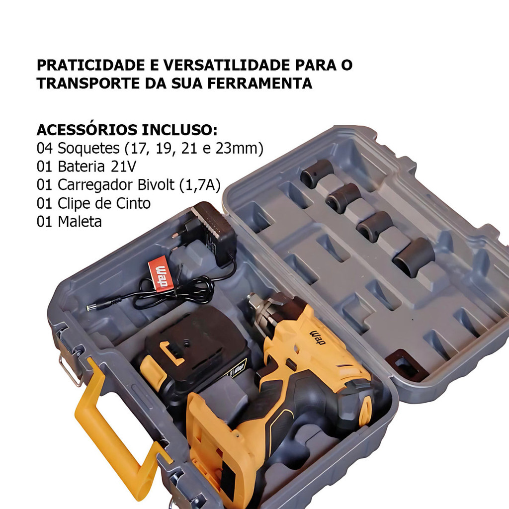 Detalhes do Parafusadeira Chave de Impacto K21 WAP Tira Roda Carro 13mm 350Nm 2300RPM + Maleta + 4 Soquetes WAP