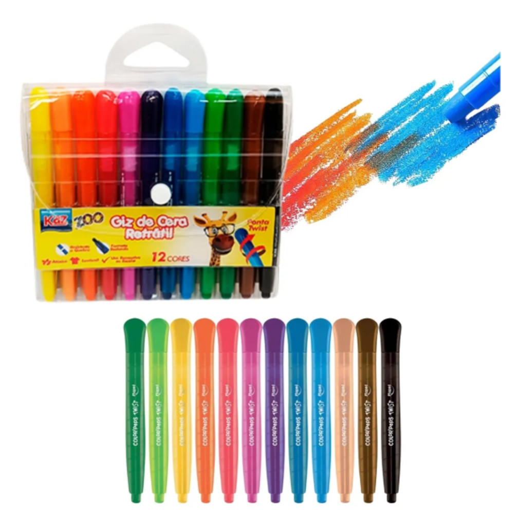 Giz de Cera Retrátil Atóxico com 12 Cores Vivas em Oferta na Shopee