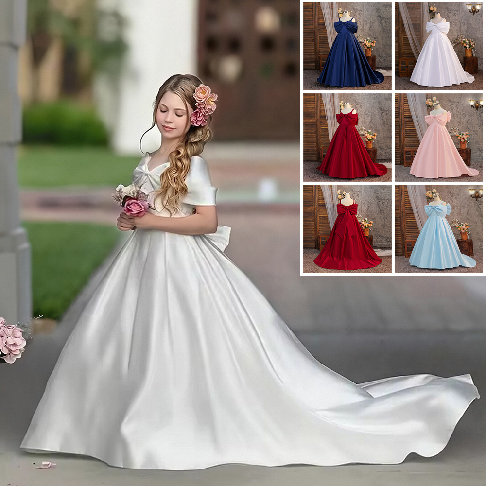 MQATZ Longo Trailing Meninas Vestido De Princesa Crianças Traje Branco Vestidos De Festa Elegante Grande Arco ALP616