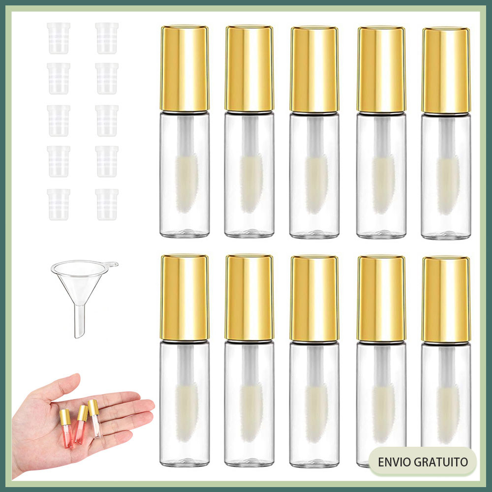 Kit 10 Mini tubo de brilho labial de 1,2 ml Frasco de batom de plástico transparente com tampa de borracha funil Dourado