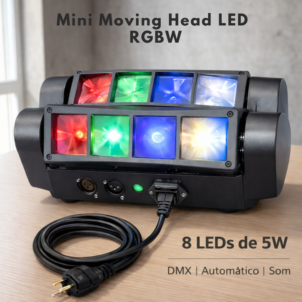 Moving Head Mini Spider LED RGBW 8x5W DMX Bivolt Som Automático Strobe DJ Festa