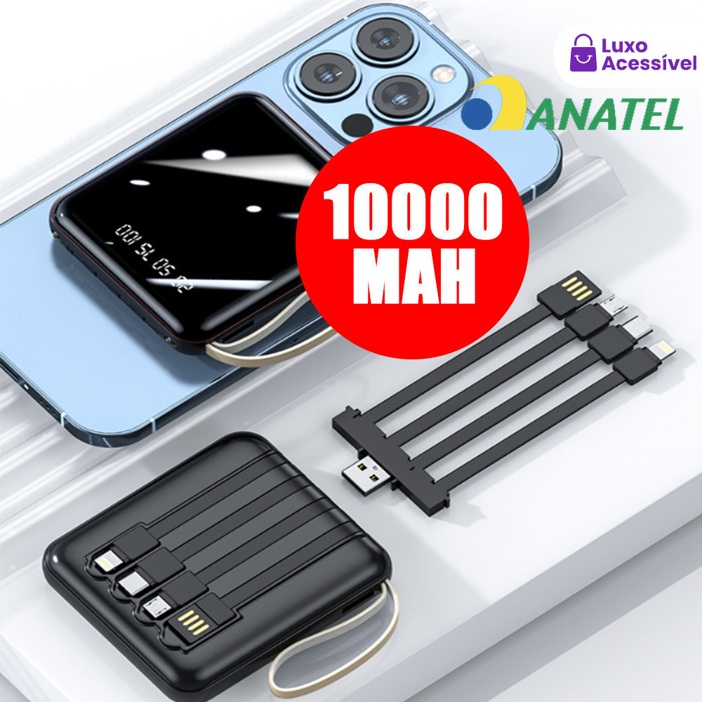 Carregador Portátil Para Celular , Bateria Externa De 10000mah Com 4 Cabos Digitais De Carga Rápida LED