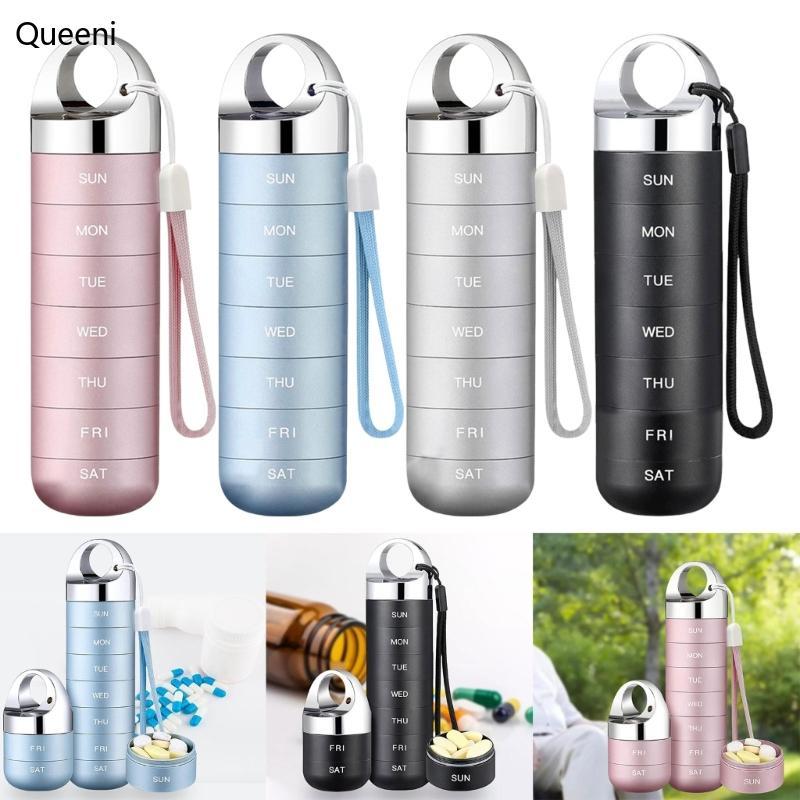 Queeni Compact Travel Pills Organizer Recipiente Comprimidos Metal 7 Compartimentos Para Viajantes Frequentes em Oferta na Shopee