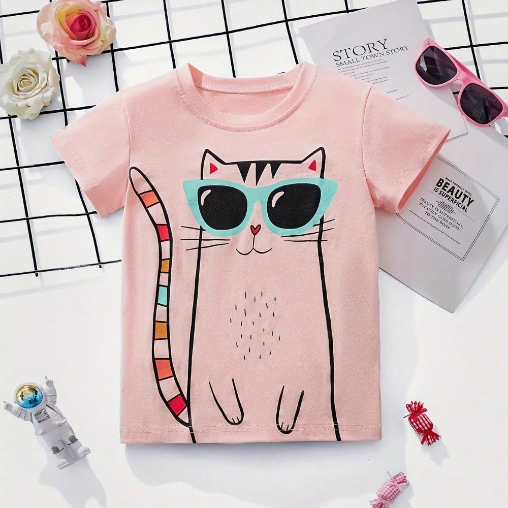 T-shirt Camiseta Infantil 100% Algodão de Manga Curta para Criança | Estampado Cool Cat Gola Redonda Blusinha Feminina