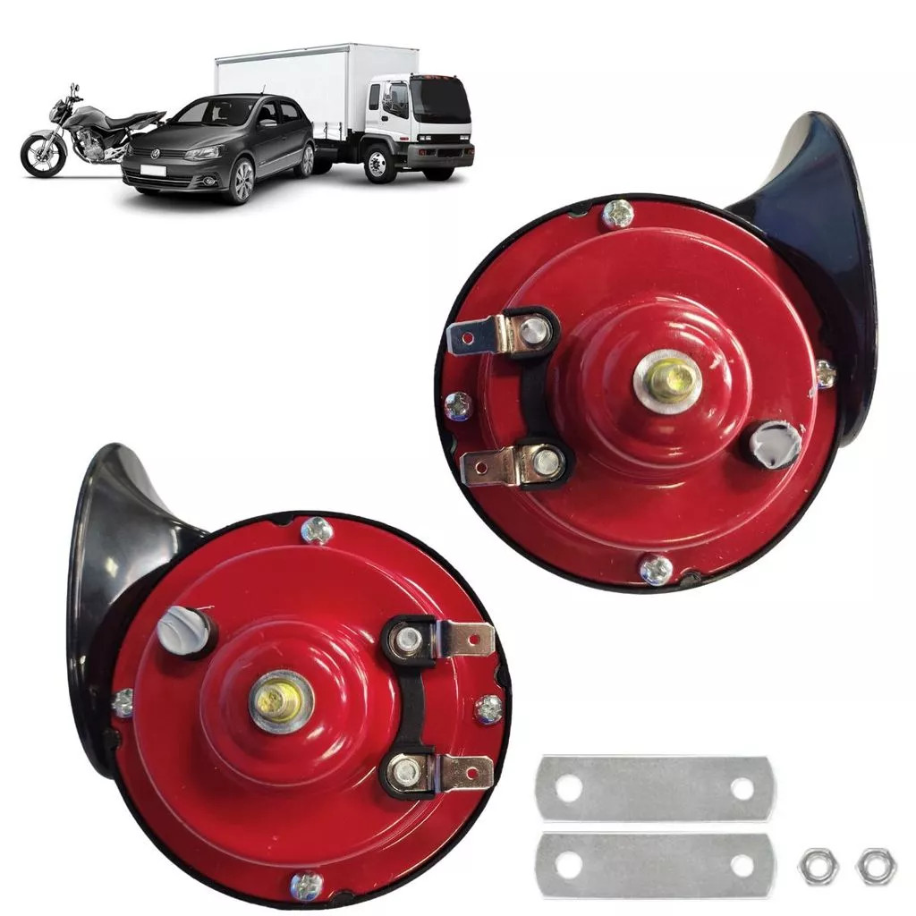 Par de Buzinas Caracol 12V Universal Vermelha para Carro, Moto e Caminhão