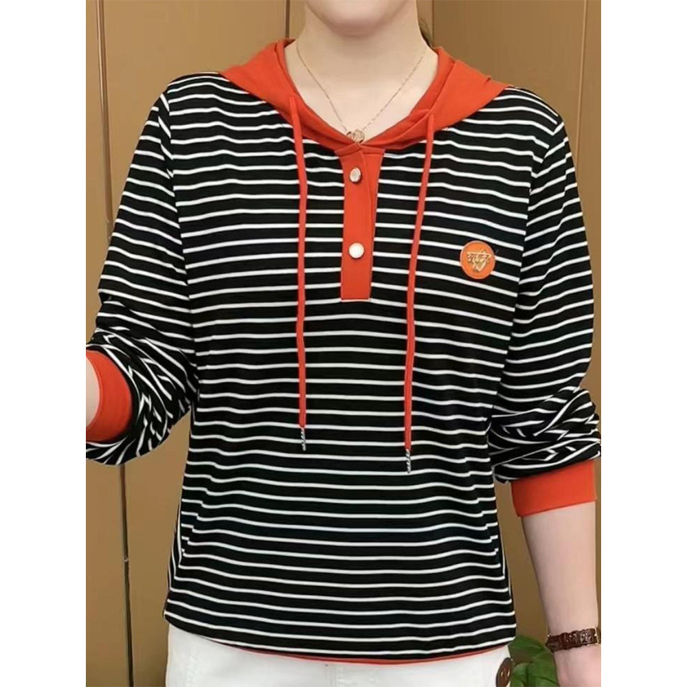 Moletom com capuz roupas femininas da mãe roupas de primavera feminino 2026 novo estilo topo Z listras meia-idade idosos
