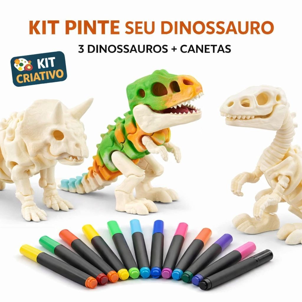 Kit 3 Dinossauros Para Pintar Infantil + Canetinhas