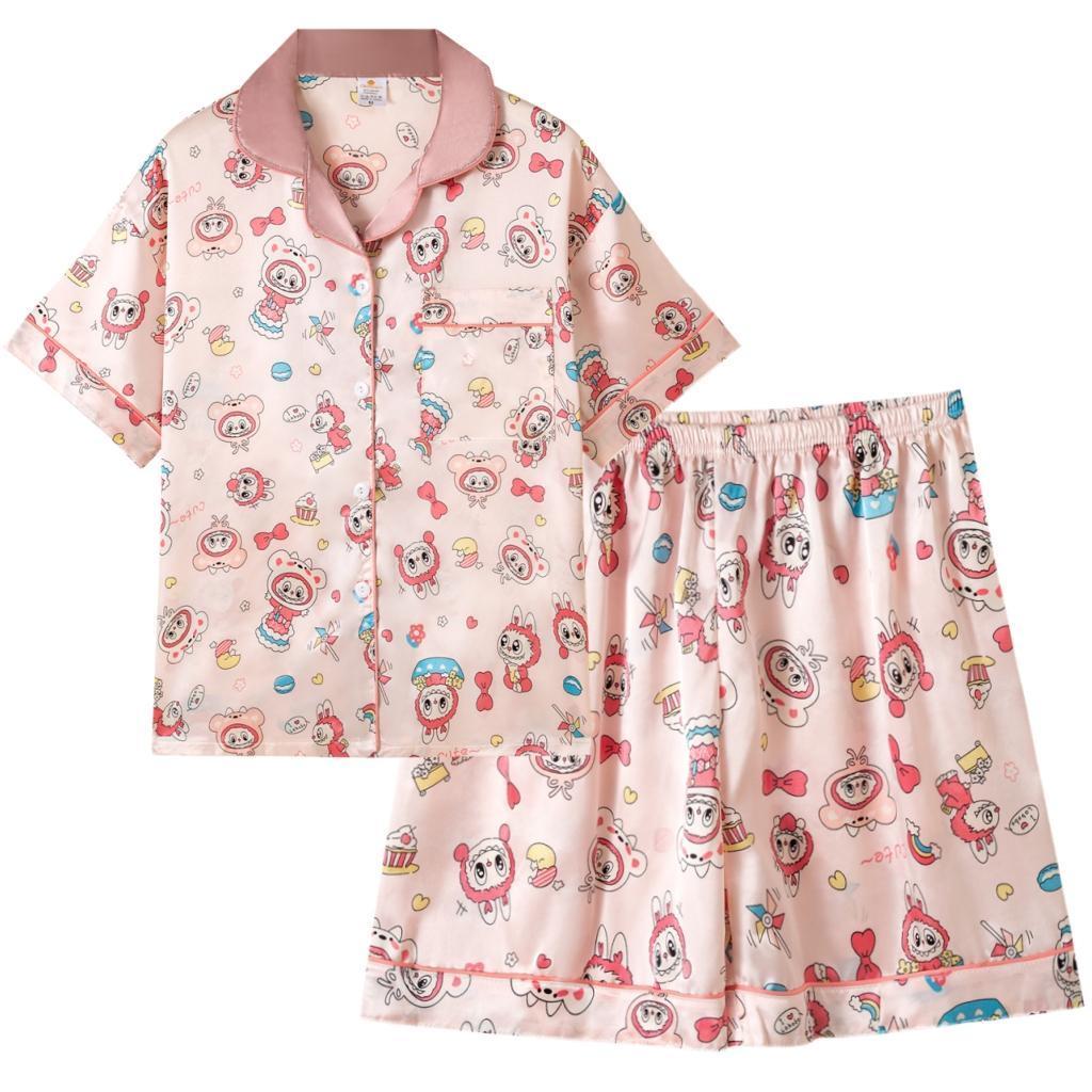 Z&D Lingerie Pijama Feminino Americano Acetinado Com Botões Estampa Labubu Cute - Manga Curta e Short SY53