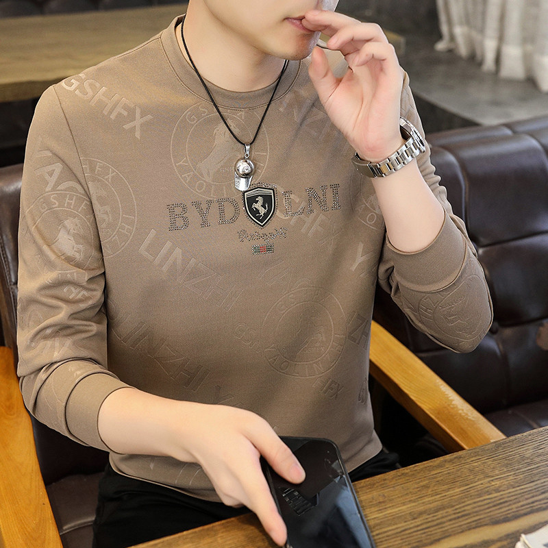 Camiseta masculina de manga comprida primavera outono novo estilo em torno do pescoço camiseta masculina de fundo pequen
