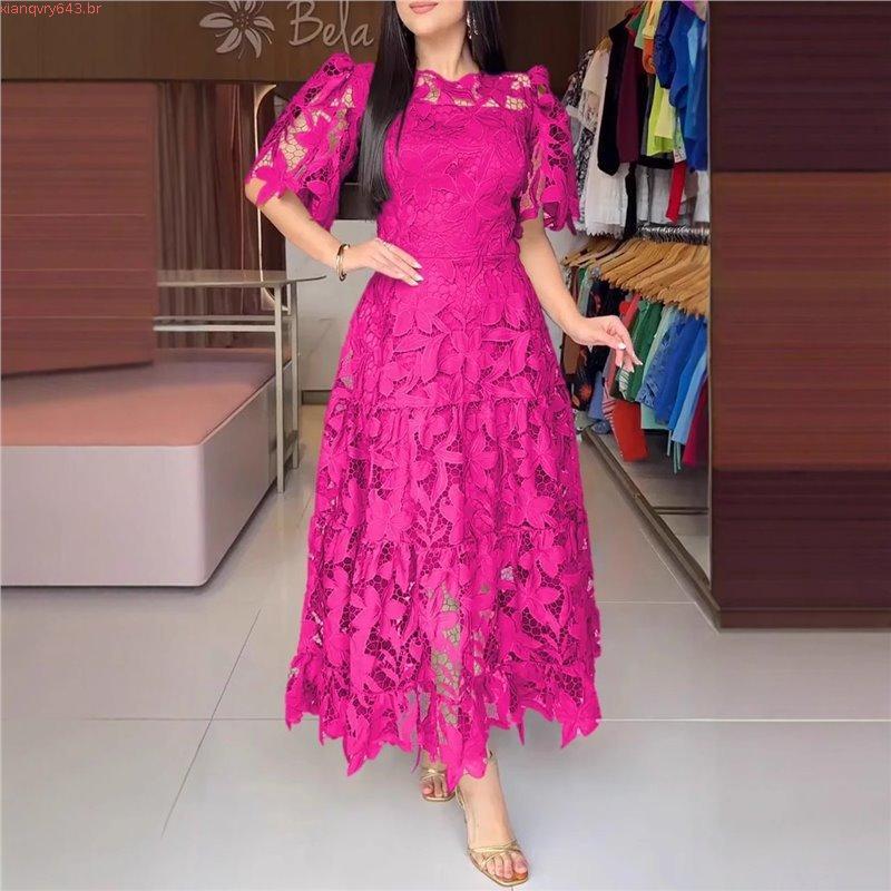 Popular 2025 primavera verão novo estilo senhoras manga curta renda oco vestido Floral