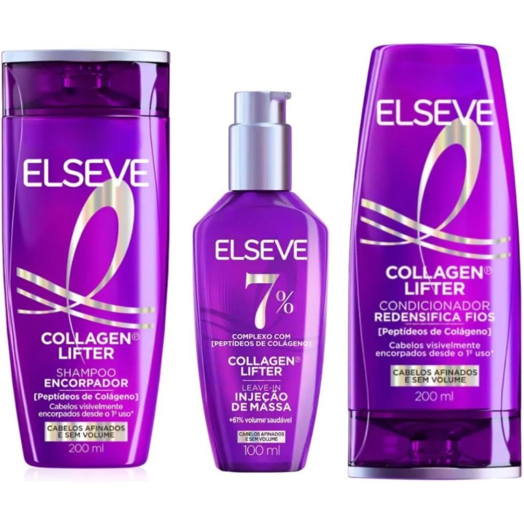 Kit 3 itens L'Oréal Elseve Collagen Lifter: Sh 200ml + Cond200ml + Leave-in Engrossa Fio e Dá Volume