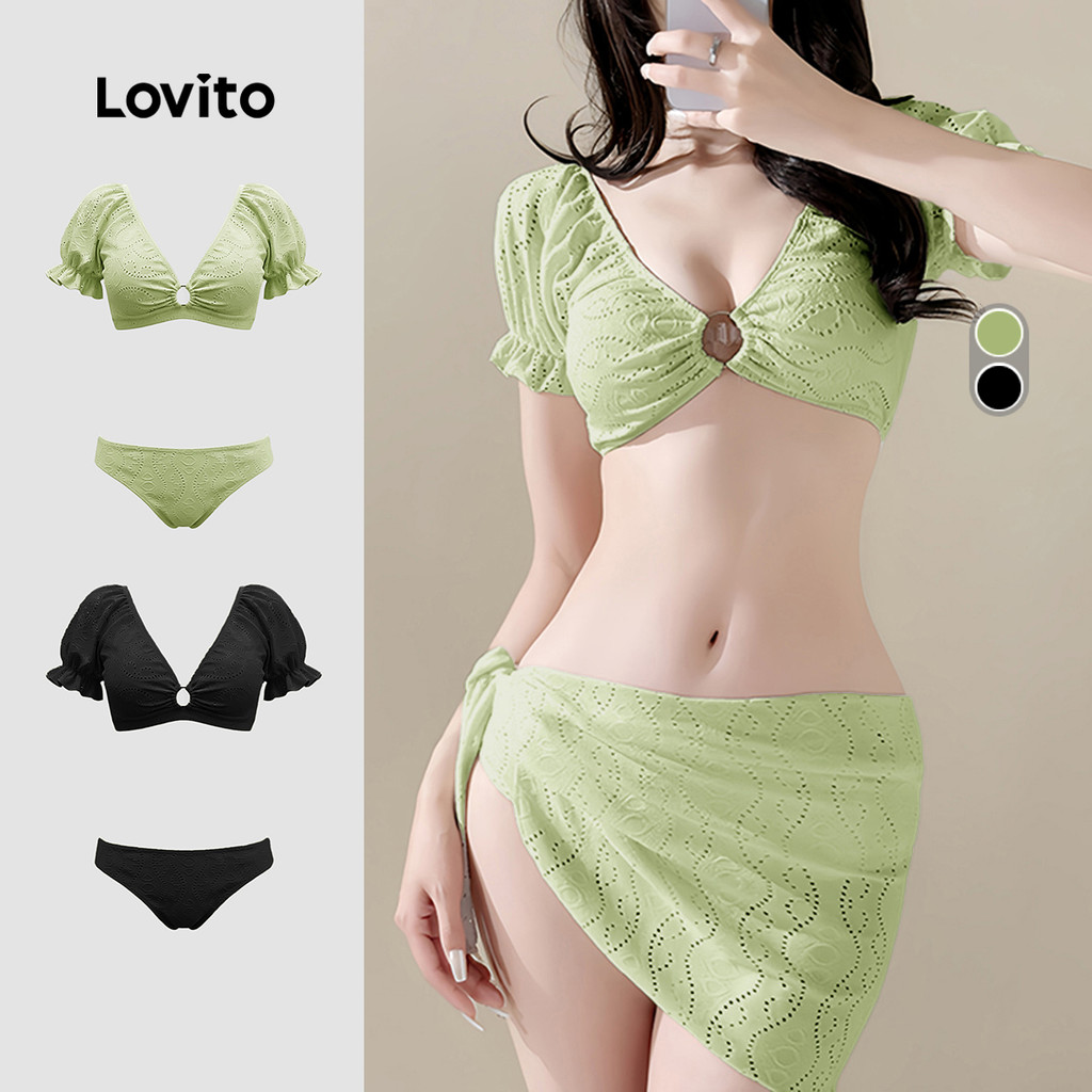 Lovito  Conjunto de Biquíni Casual 3 Padrão Plissado Primavera/verão Conjunto de Biquíni Verde para Mulheres LNE141013 em Oferta na Shopee