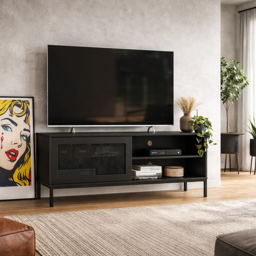 Rack Buriti Estilo Industrial P/ Sala de Estar Tv até 55" Pés de Ferro 135cm Preto - Olivar Móveis