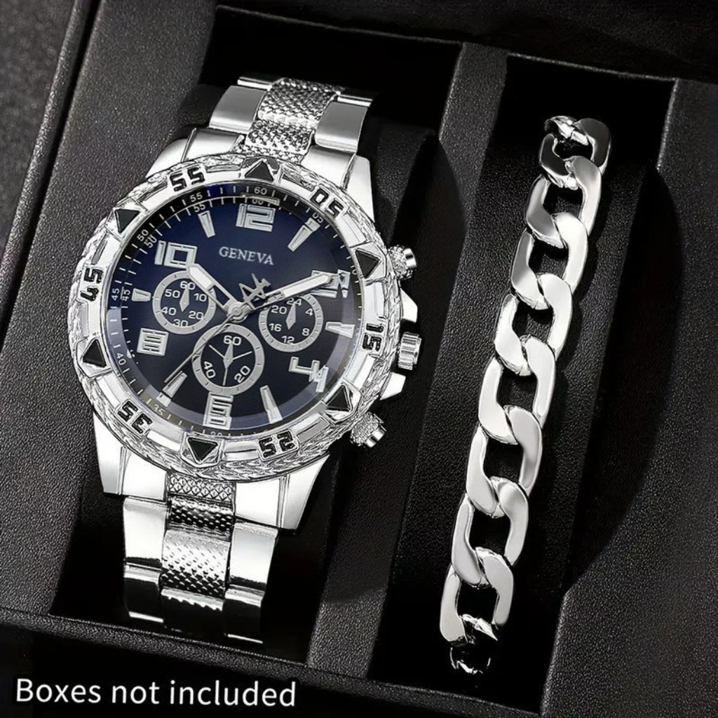 Relógio masculino de negócios com vidro de cristal azul e pulseira cronógrafo de quartzo com pulseira de aço inoxidável em Oferta na Shopee