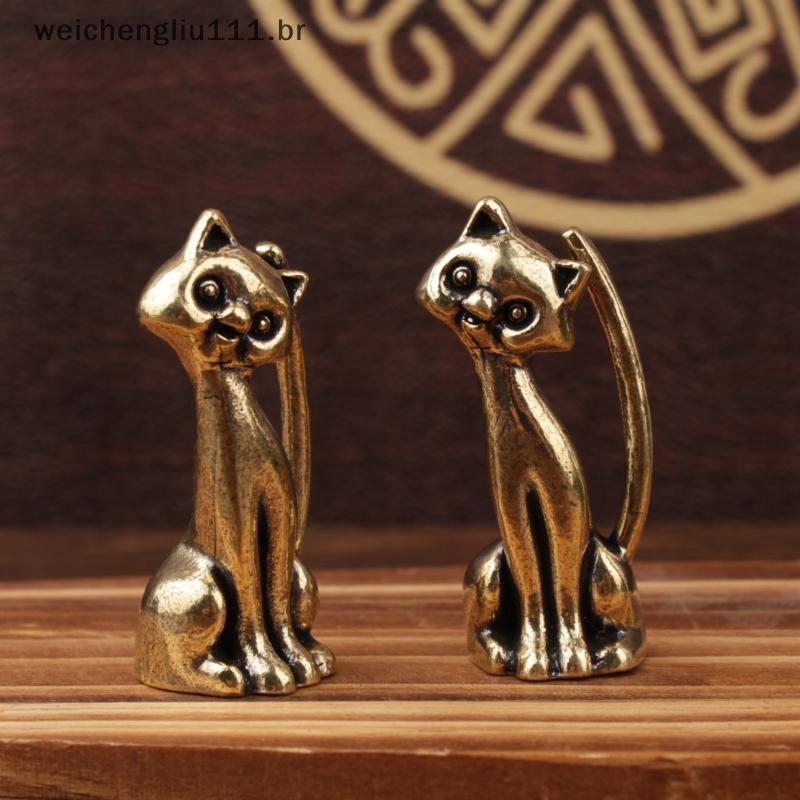 # weicheng Estátua De Amantes De Gatos De Latão Antigo Ornamento Escultura De Animal De Cobre Queimador De Incenso Estat
