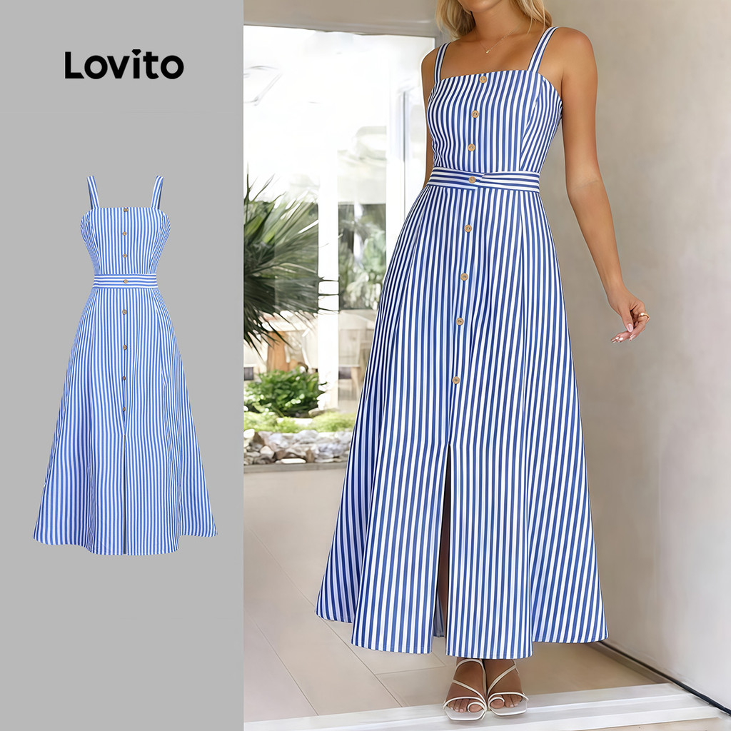 (Lovito x Ana) Vestido Boho com Botões Na Frente e Zíper Azul Primavera/verão para Mulheres L34LD091