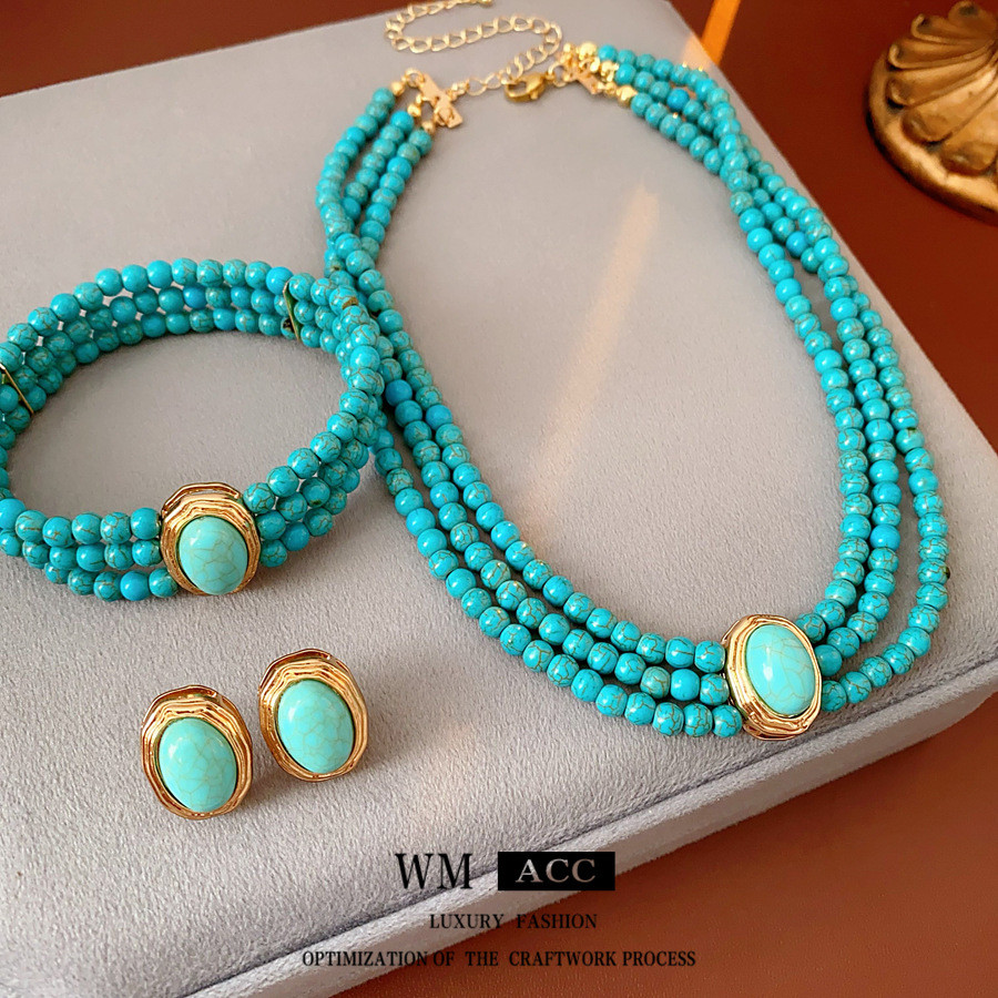 Novo produto pronto estoque Medieval Multi-camada conjunto de pedra verde moda All-Match boêmio jóias Retro estilo étnic