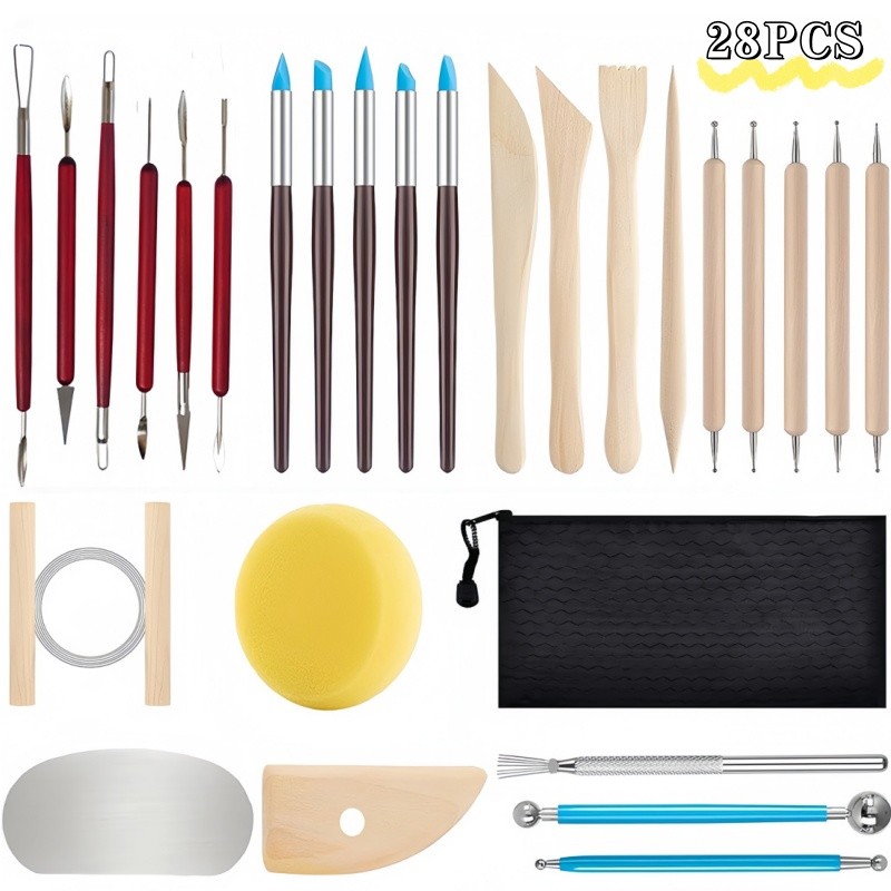 Kit Estecas Ferramentas Modelagem Argila Biscuit Cerâmica 28 Peças Jogo Profissional De Escultura Com Bolsa