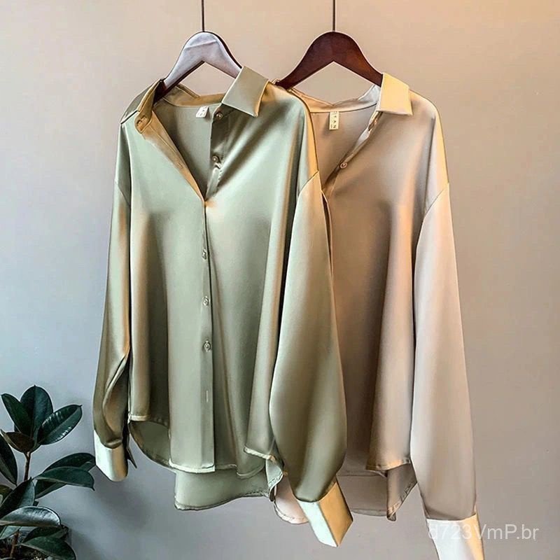 blusa social feminina plus size cetim 100% algodao Camisa Feminina De Seda Com Mangas Compridas/Retrô/Plus Size/Primaver