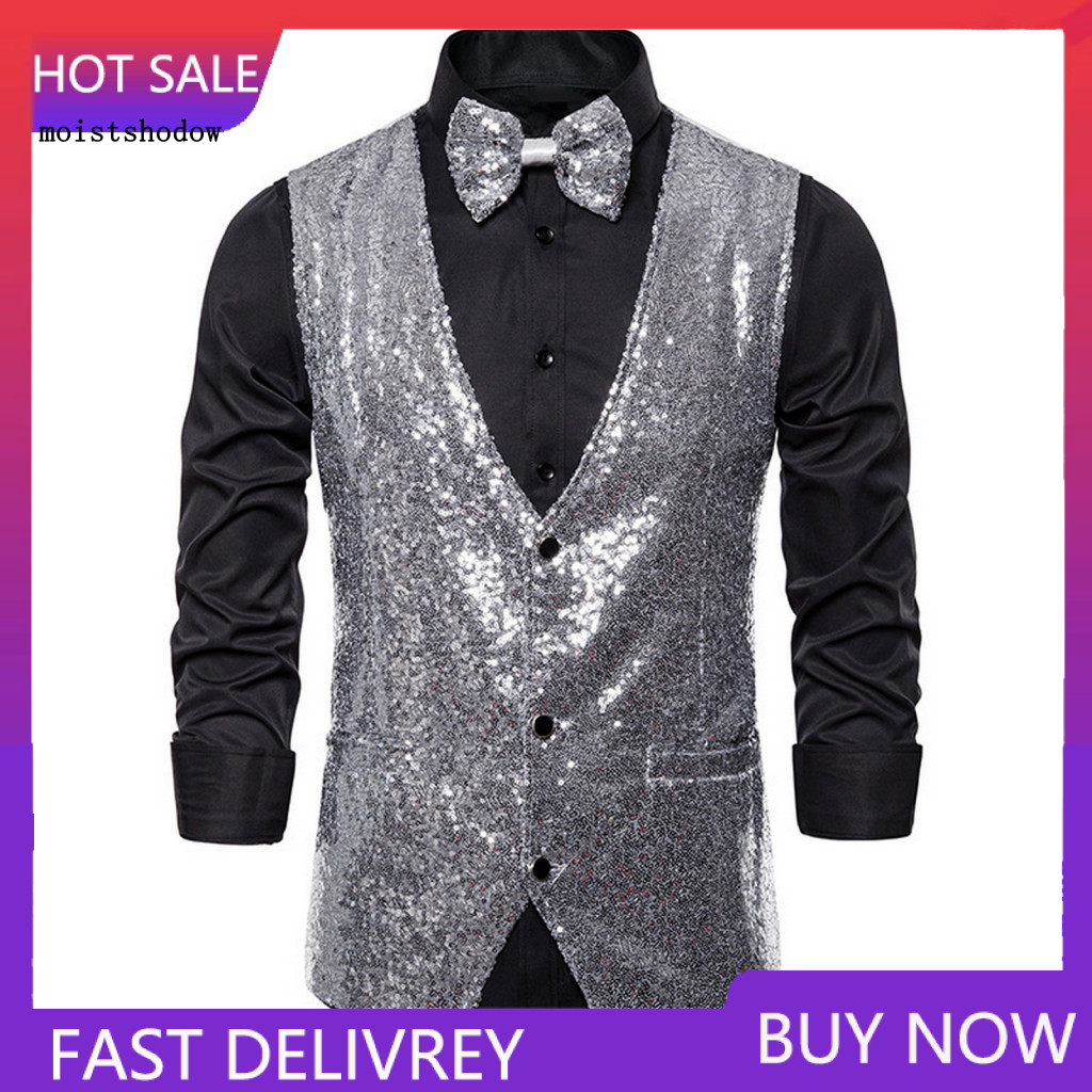 Solid Color Sleeveless Vest Jacket Elegant Men Men's Sequin Bow Tie Set Slim Fit Waistcoat Single-breasted V-neck Stage 