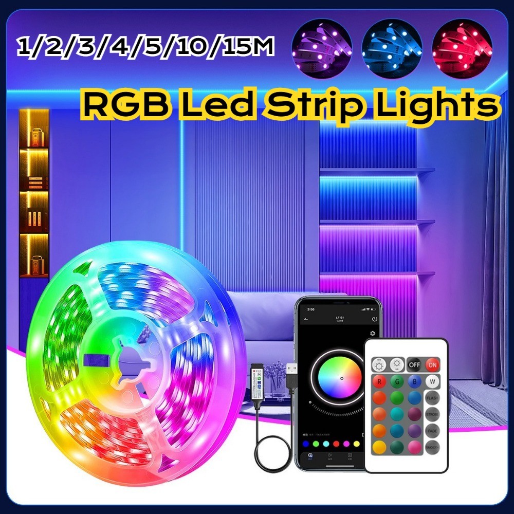 Luzes De Tira Led Com APP/Bluetooth/24 Teclas Controle Remoto 1m-5m 10m 15m Fita RGB Sala Parede Para Casa Quarto Festa