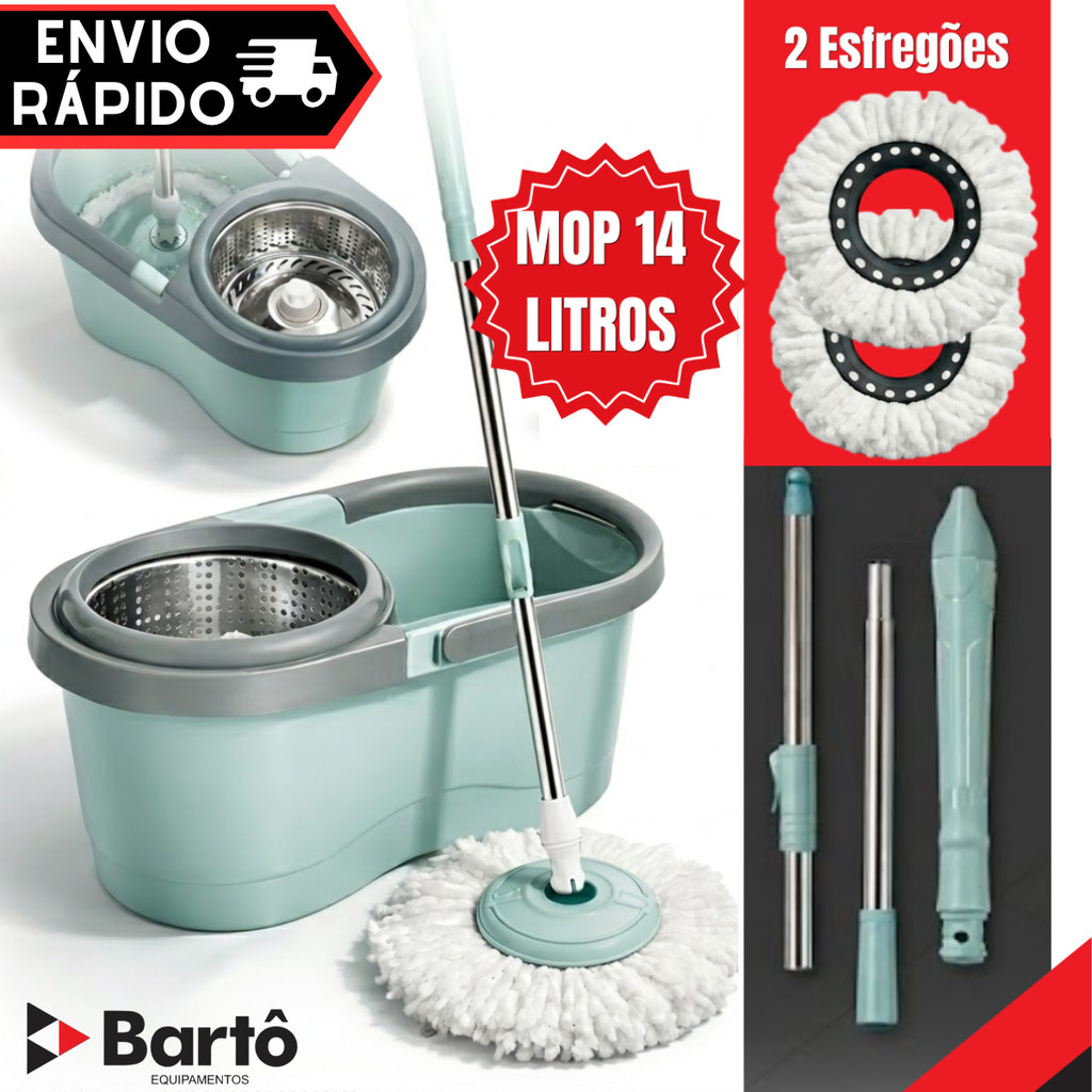 Mop Girátorio Cleaner Profissional – Balde com Centrífuga 14L + Refil Duplo e Cabo Reforçado - MN