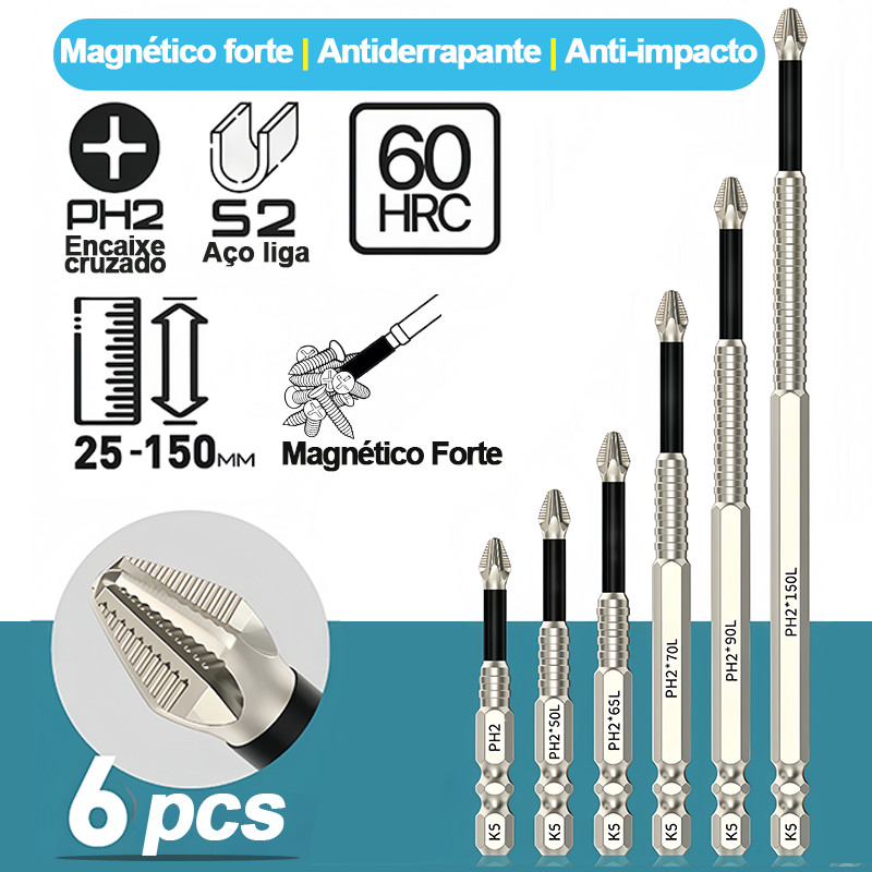 Kit 6 PH2 de K5 Antiderrapante  De Lote Bit Chave De Fenda Elétrica Resistente Ao Impacto