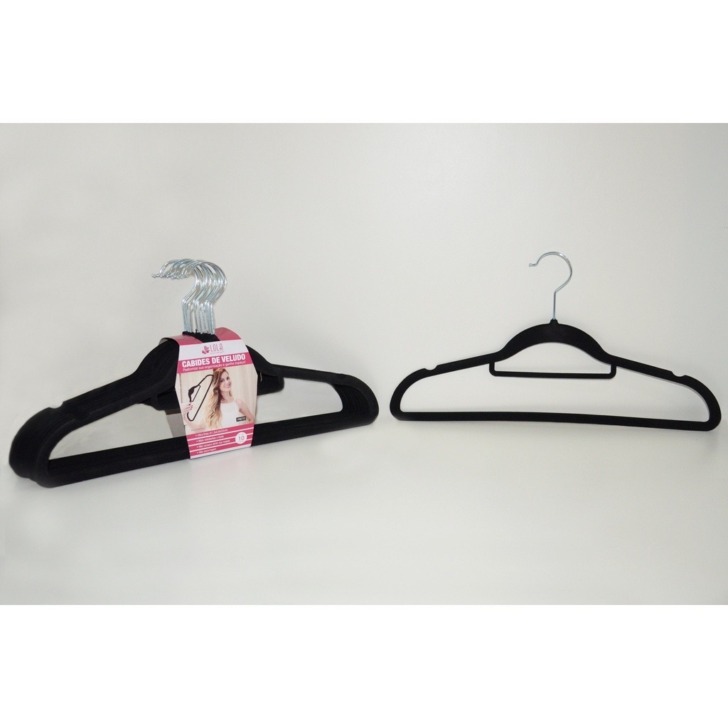 Cabide de Veludo Adulto com gravateiro Preto 42 cm - 10 pecas