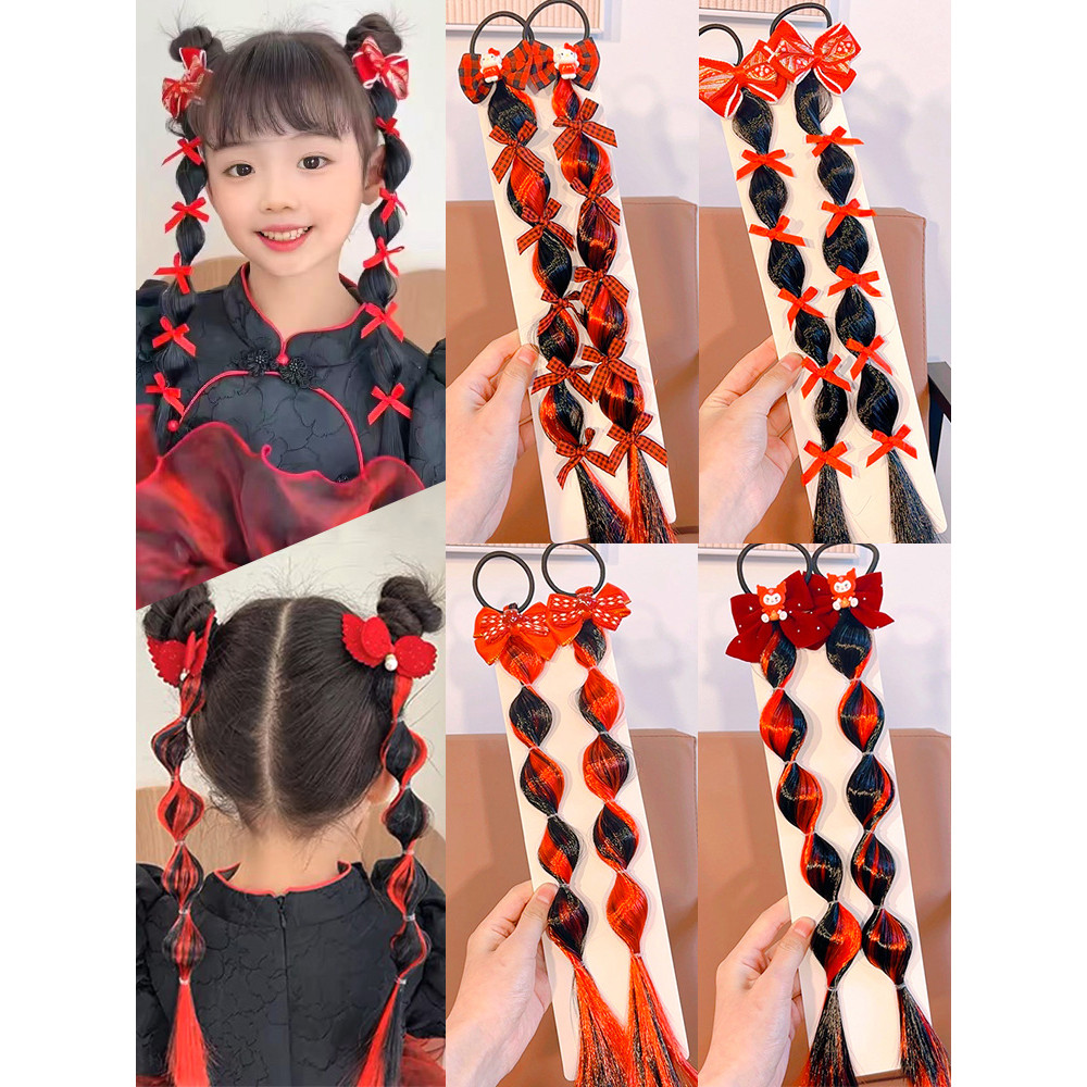 Crianças ano novo vermelho doce legal peruca trança cocar anel de cabelo doce bolha torção trança menina rabo de cavalo