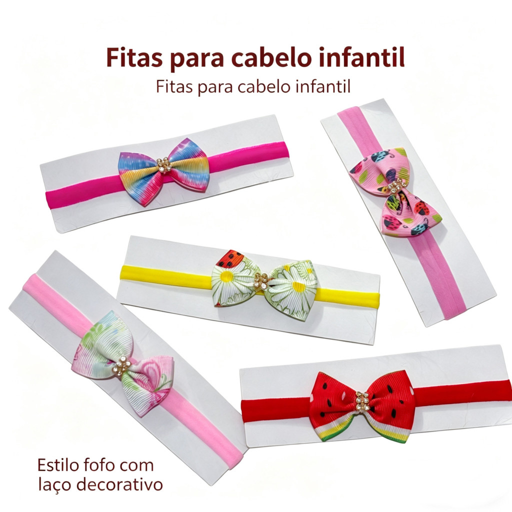 1un Conjunto com Faixas de Cabelo Infantil Laço Estampado com Detalhes Brilhantes