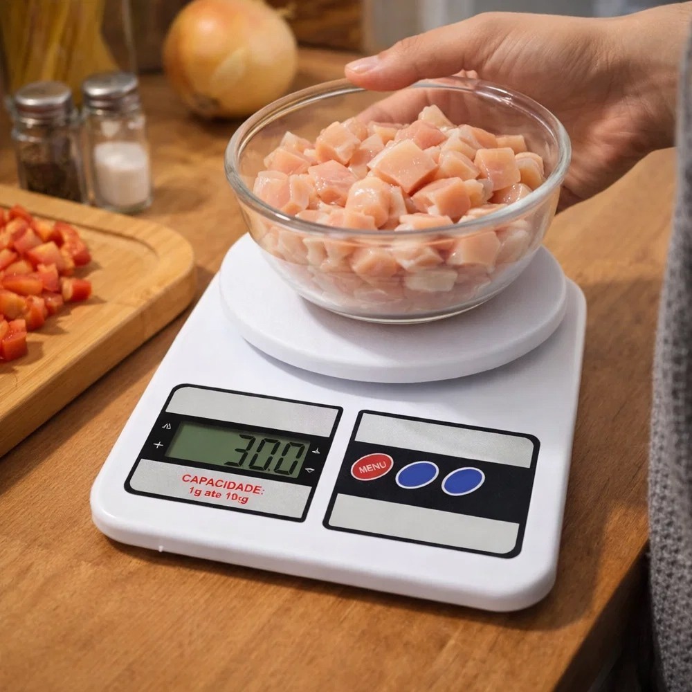 Balança digital precisão 10kg cozinha alimentação medidor portátil prático De Achadinho