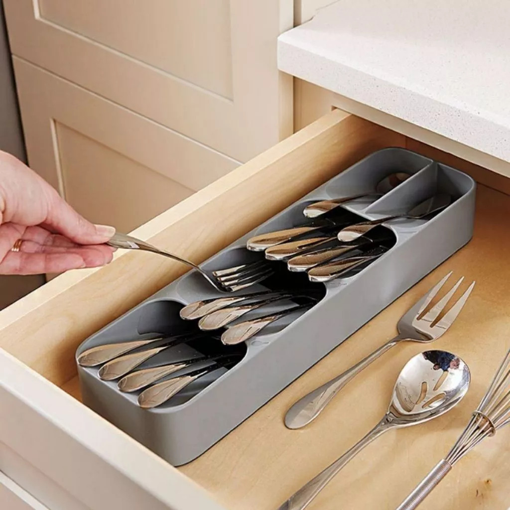 Organizador porta talheres gaveta cinza cozinha compartimentos faca colher garfo De Achadinho
