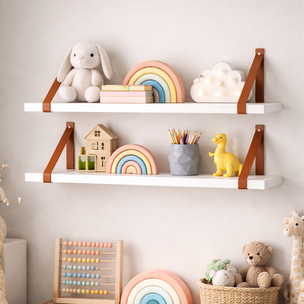 Prateleiras MDF Para Quarto Decoração Branca Premium 60x15 cm Com Alças de Couro