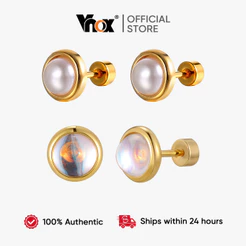 Vnox Pequenos Brincos De Pérola Com Pedra Da Lua Dourada Para Mulheres E Meninas , Joias Piercing Helix , Hipoalergênico