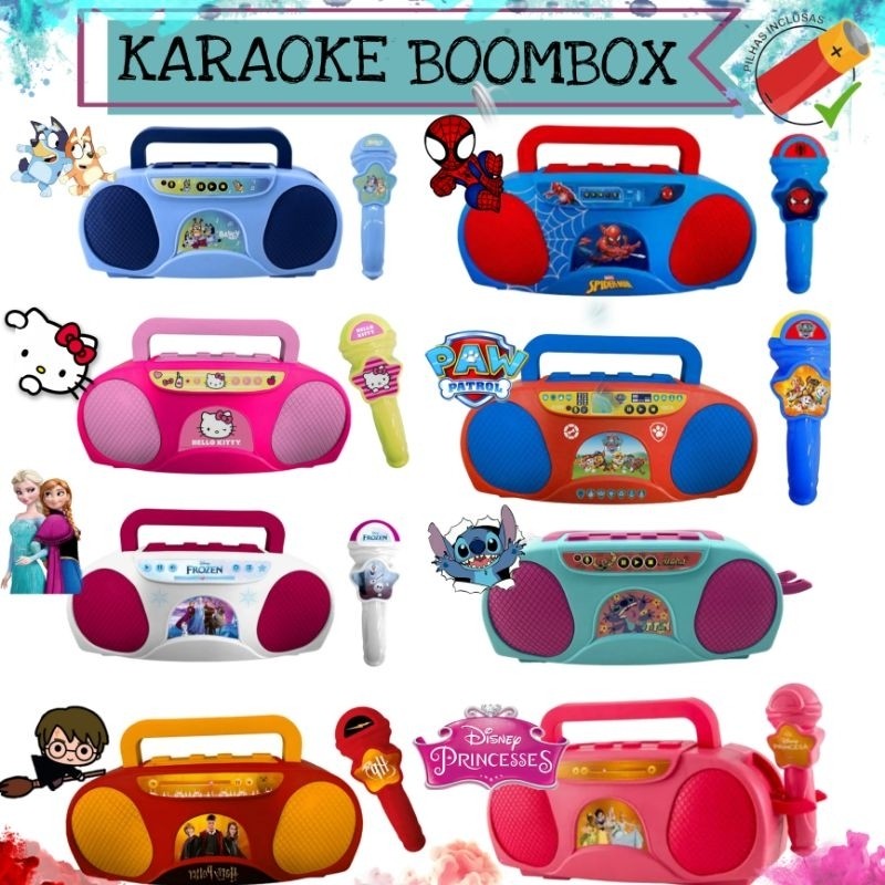 Karaoke Boombox Infantil Candide Microfone Homem Aranha, Bluey, Frozen, Stitch, Patrulha Canina