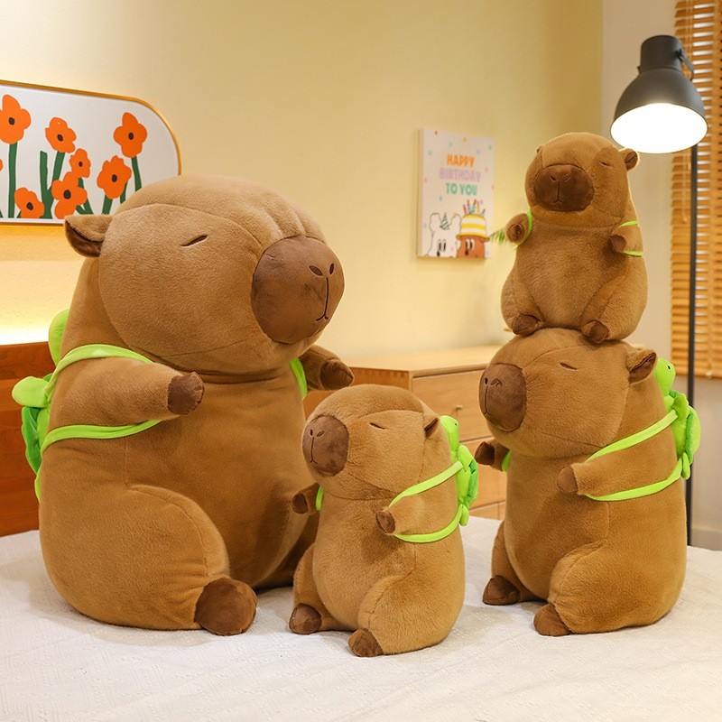 Pelúcia Capivara Filó 30cm com Mochila Tartaruga Fofa Kawaii Lavável，Perfeito para meninas, presentes de Natal e anivers
