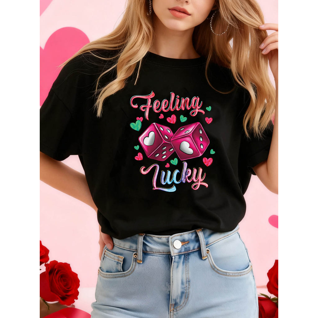 Camiseta Feminina Valentine's Day Lucky Phrase Lettering Confortável Divertida Romântica Dia dos Namorados