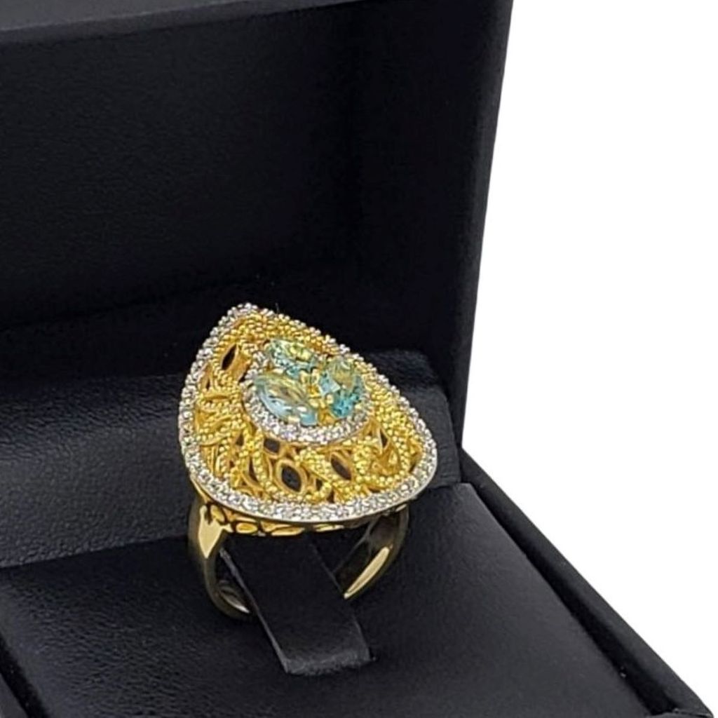 Anel Cristal Água Marinha Cravejado Zirconias Banho De Ouro 18k 3675