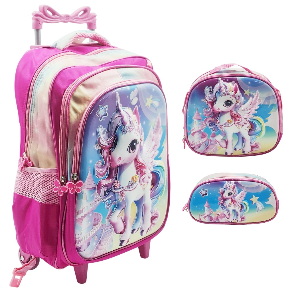 Mochila Escolar Infantil 3D Carrinho Kit Com Estojo Lancheira Térmica Impermeável Rodinhas 3 Peças - Menina Unicórnio