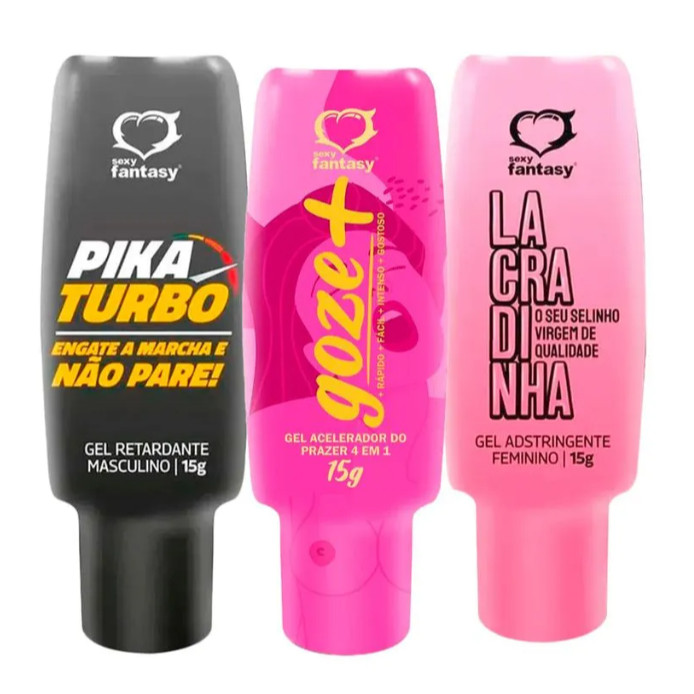 KIT Gel Intimo Masculino e Feminino Sexy Fantasy Retardante + Acelerador + Adstringente 3 em 1