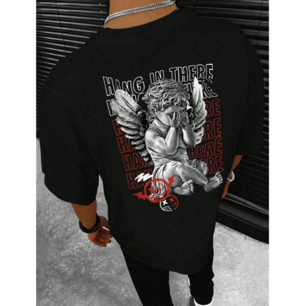 Camiseta Oversized Masculina Estampa Anjo Streetwear Algodão Confortável Larga Roupa Urbana Estilo Moderno Casual