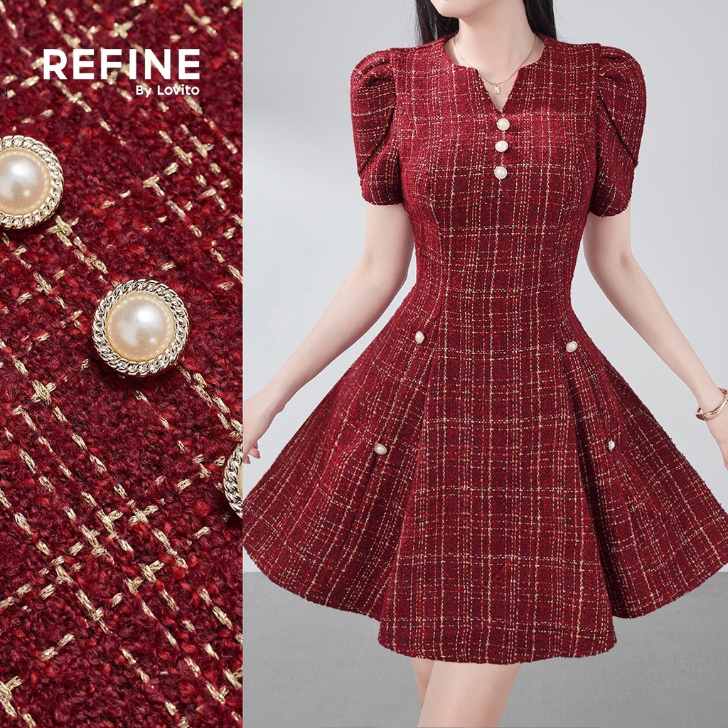 (Refine by Lovito) Vestido Elegante Chanel para Primavera/verão Vestido Clarete para mulheres. LR29E010